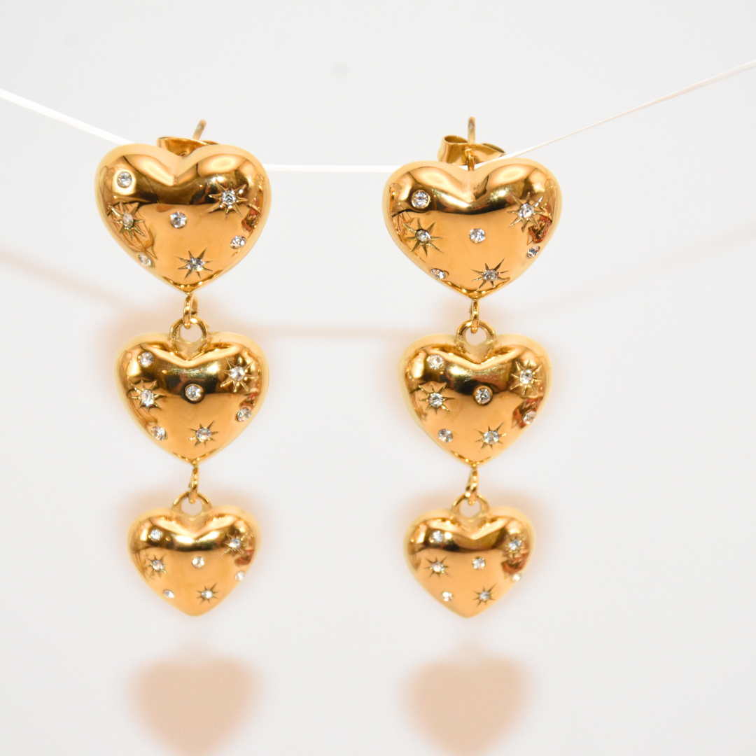 Gold Triple Hearty Journey Zirconia Earrings