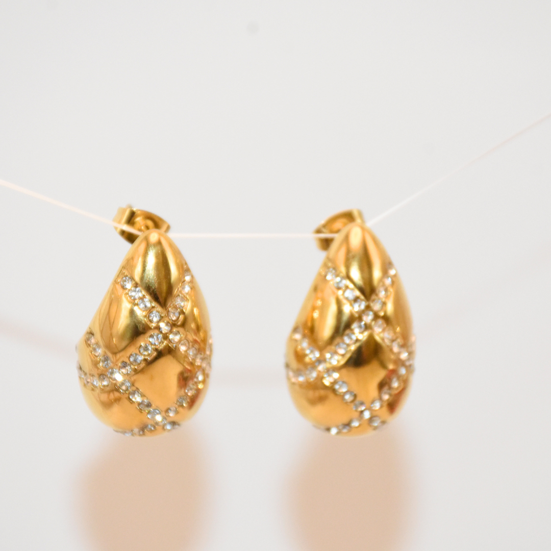 Gold Zirconia Plaid Teardrop Earrings