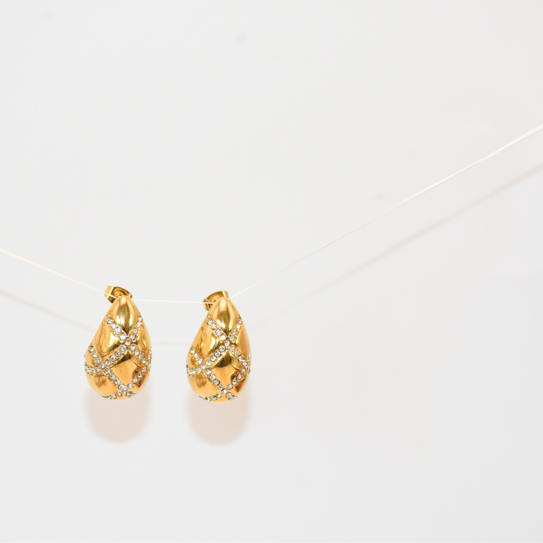 Gold Zirconia Plaid Teardrop Earrings