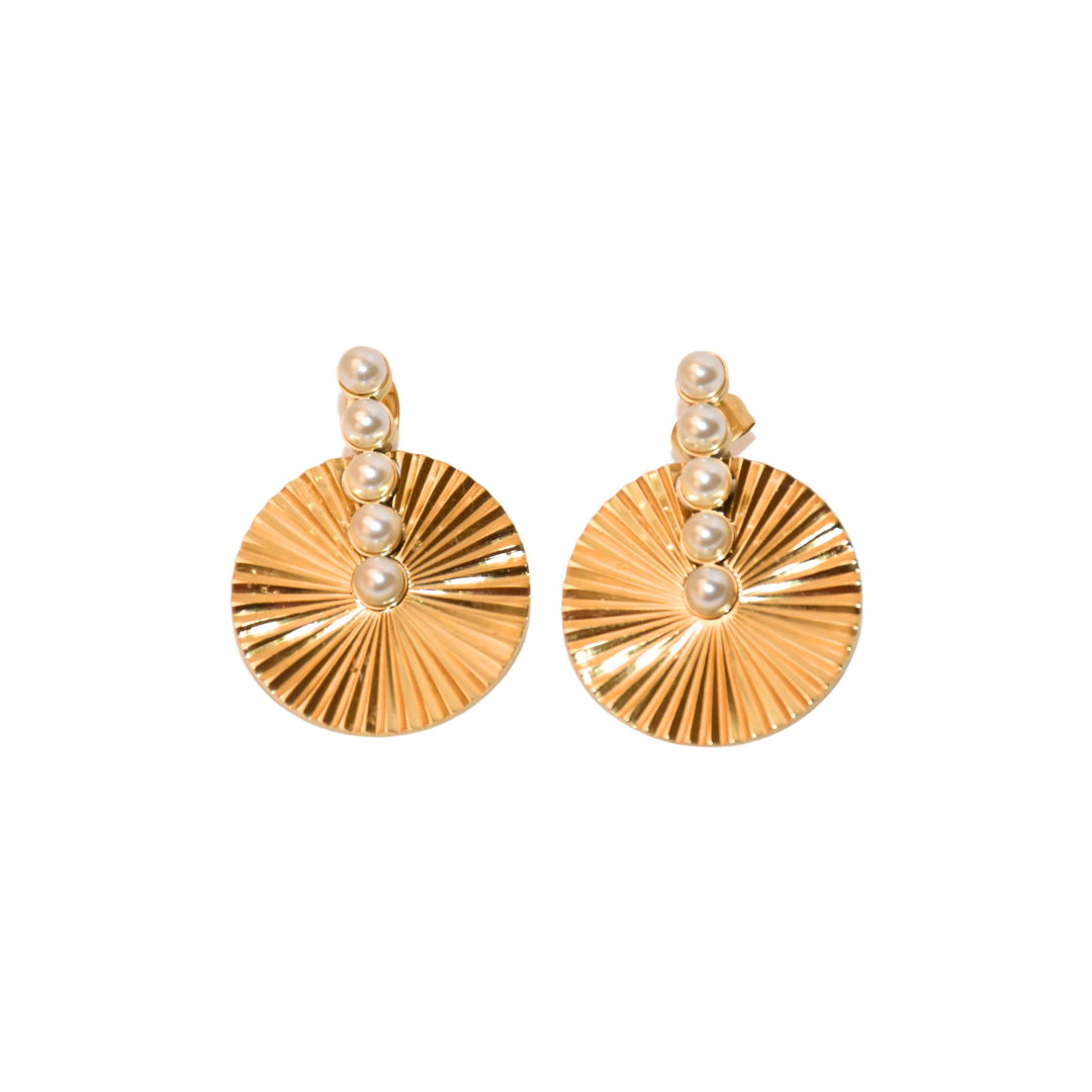 Gold Cubic Pearl Circle Stud Earrings