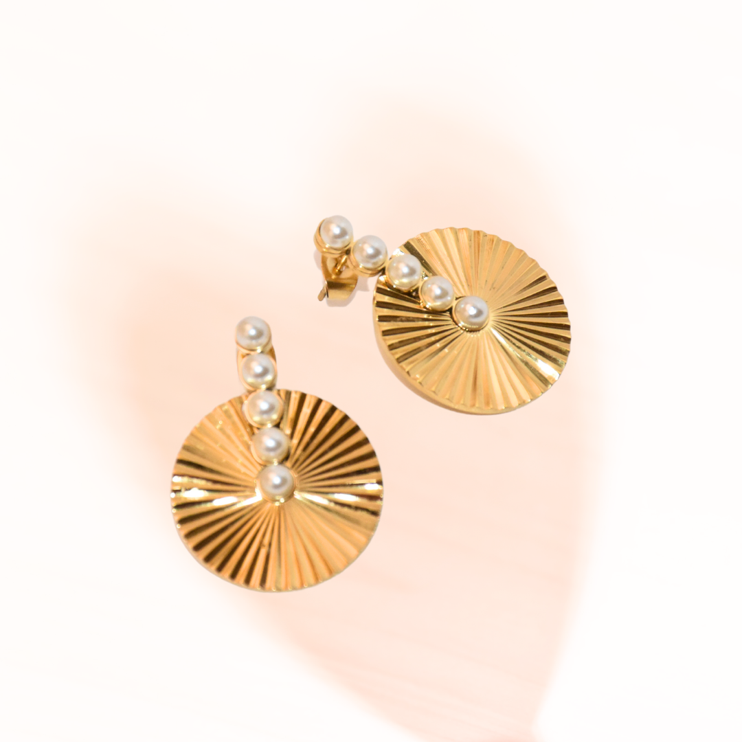 Gold Cubic Pearl Circle Stud Earrings