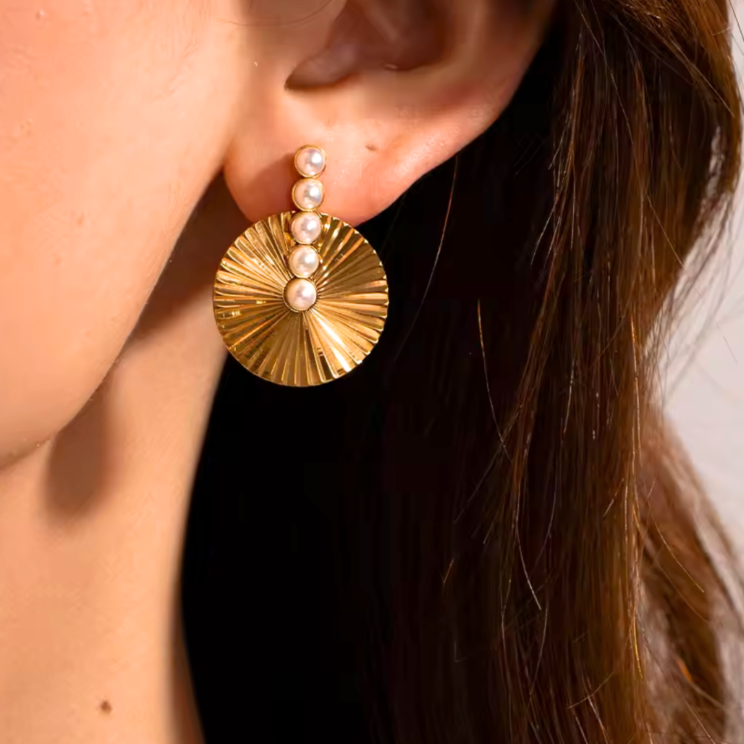 Gold Cubic Pearl Circle Stud Earrings