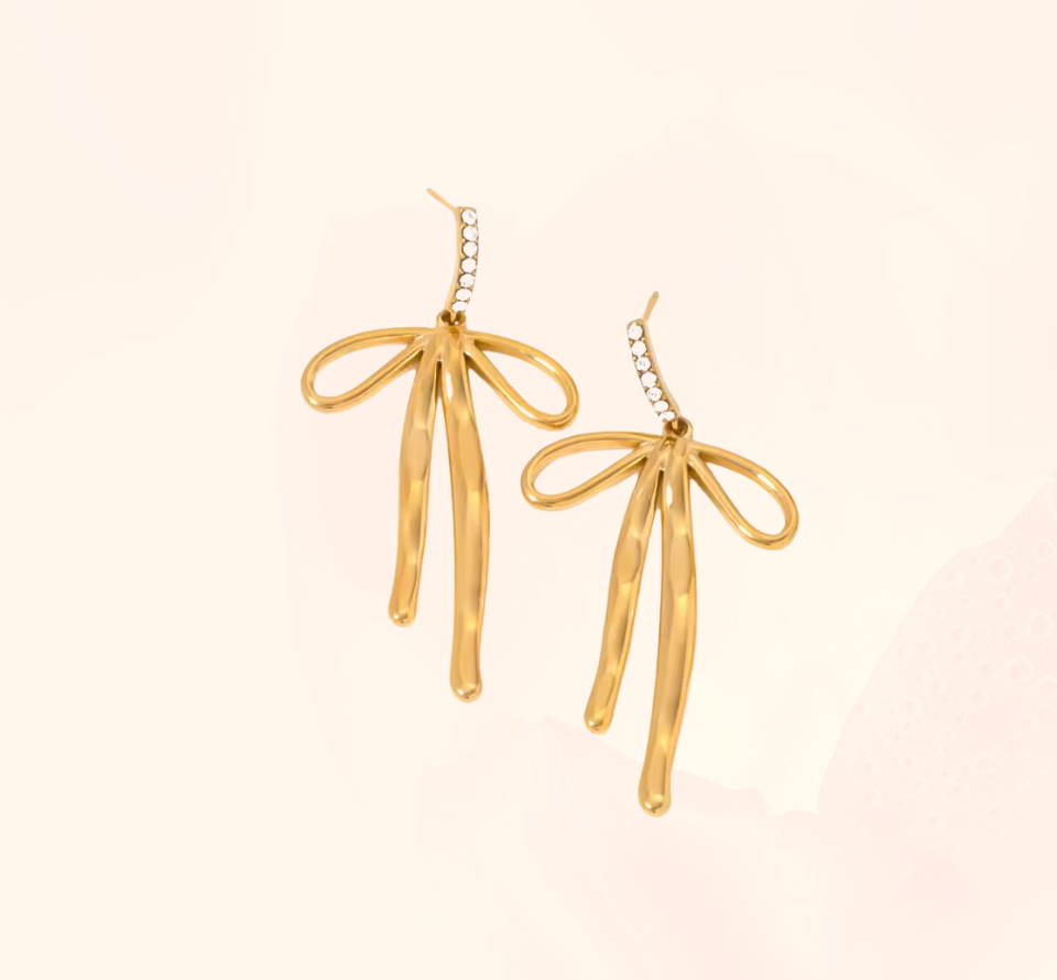 Gold Zirconia Girly Ribbon Drop Earrings