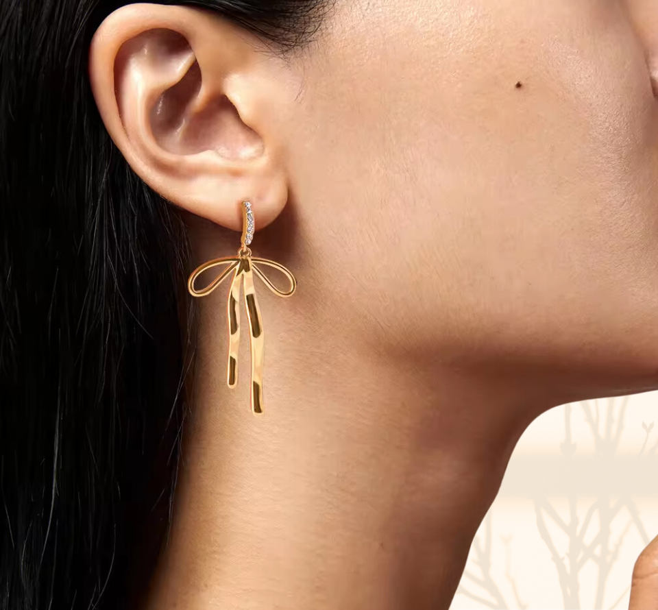 Gold Zirconia Girly Ribbon Drop Earrings