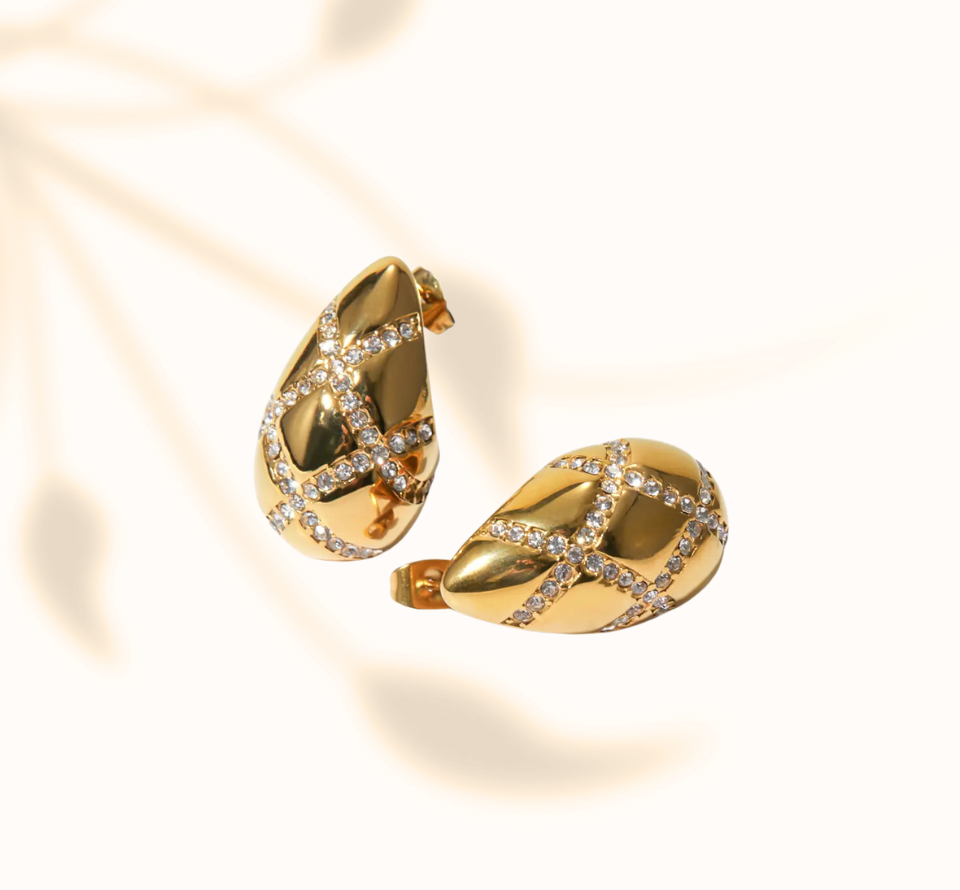 Gold Zirconia Plaid Teardrop Earrings