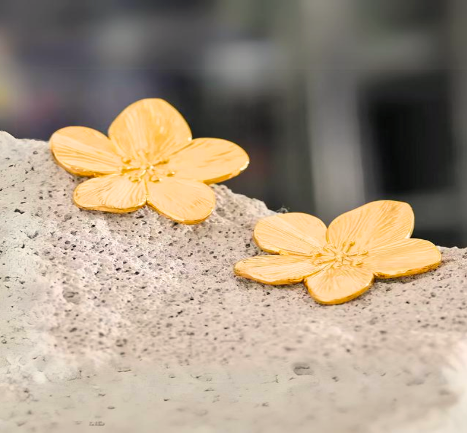 Gold Hellebores Flower Stud Earrings