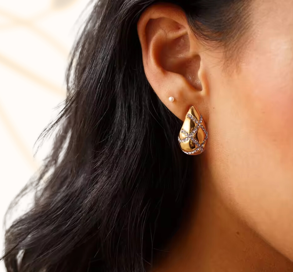 Gold Zirconia Plaid Teardrop Earrings