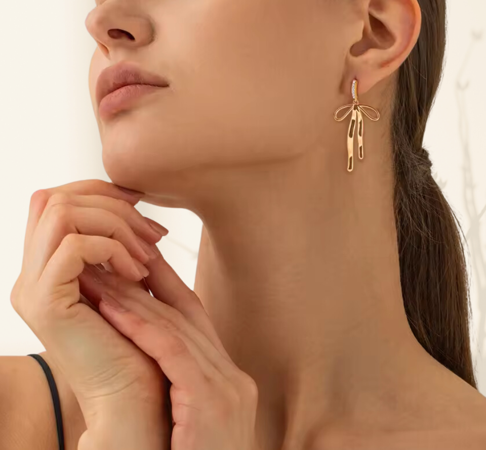 Gold Zirconia Girly Ribbon Drop Earrings