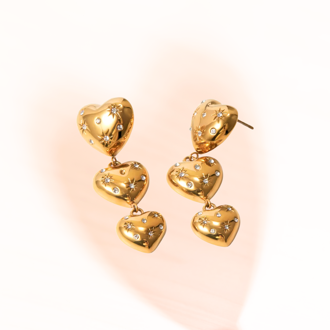 Gold Triple Hearty Journey Zirconia Earrings