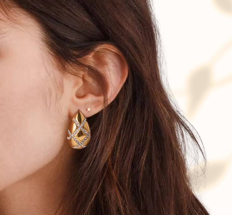 Gold Zirconia Plaid Teardrop Earrings