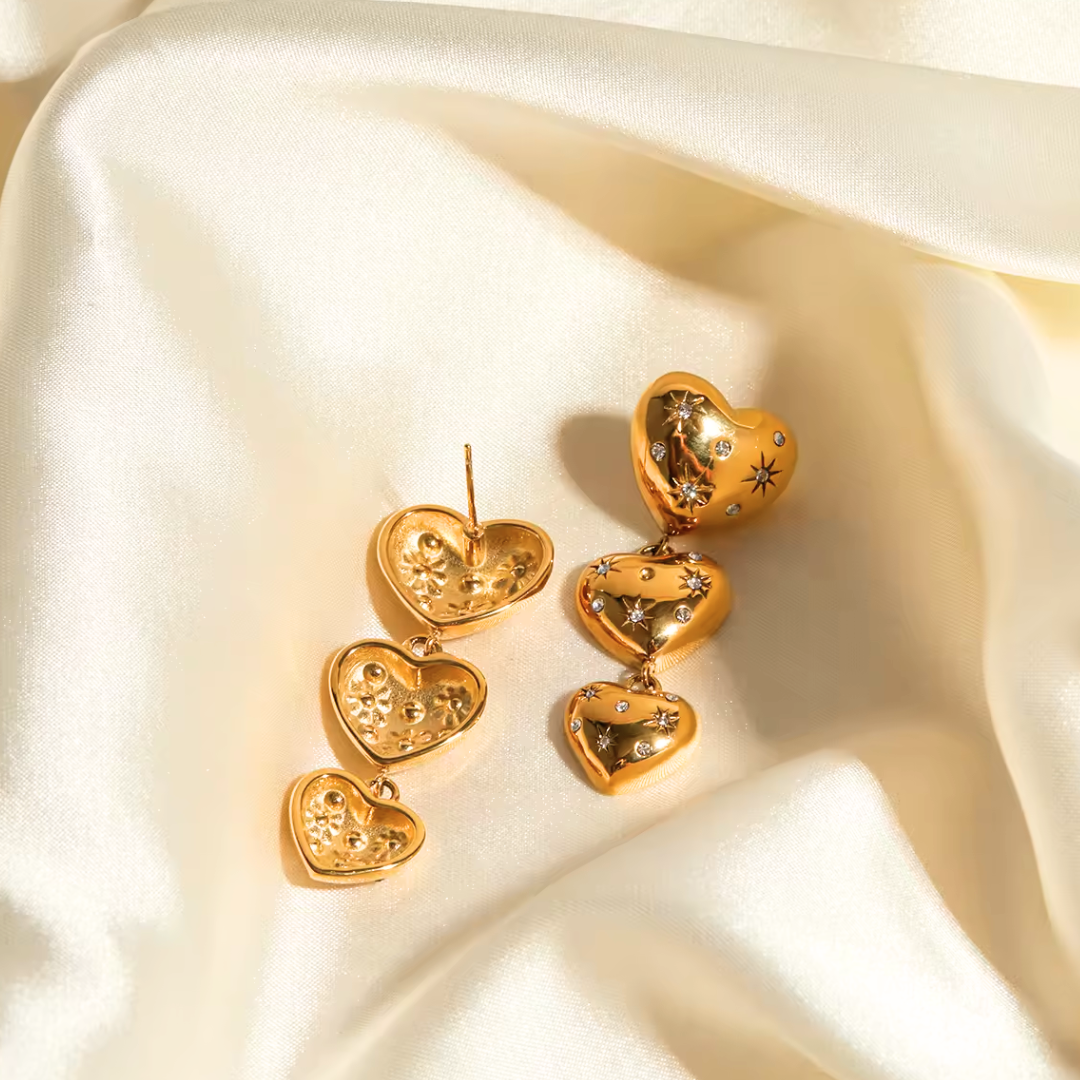 Gold Triple Hearty Journey Zirconia Earrings