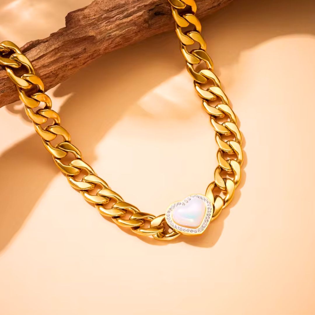 Gold Pearl Heart Zirconia Statement Chain Necklace