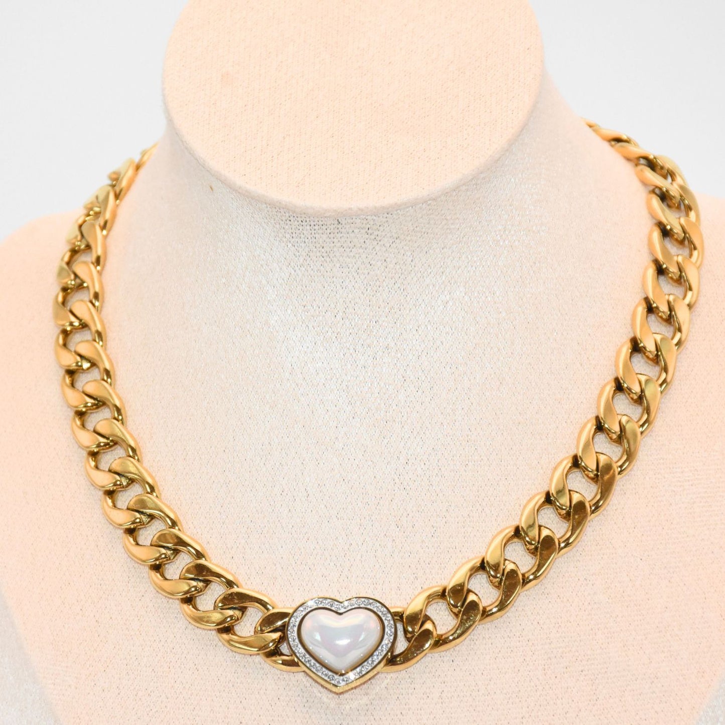 Gold Pearl Heart Zirconia Statement Chain Necklace