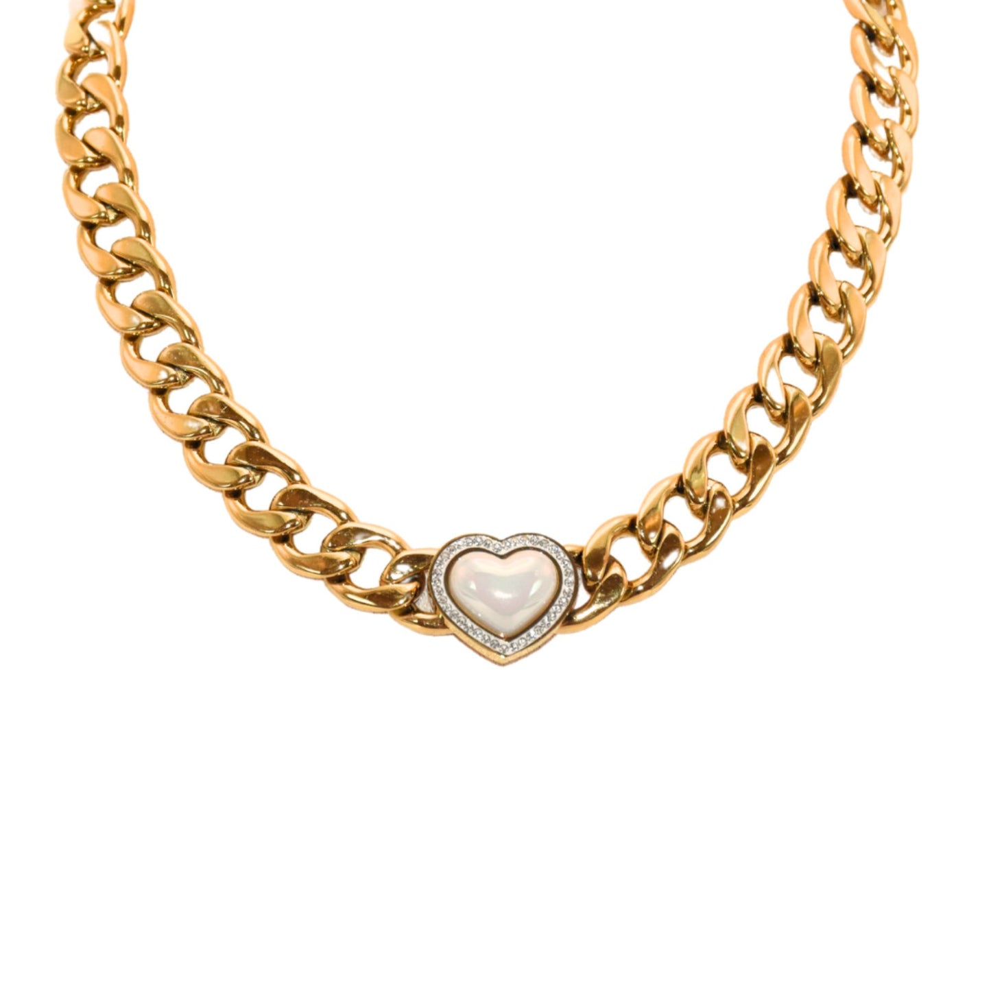 Gold Pearl Heart Zirconia Statement Chain Necklace