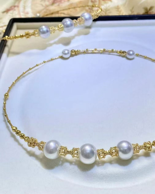 4A South Sea White Australia & Akoya Round Necklace in Silver 925 White Gold Plated - Duo Necklace - White (7-12mm)