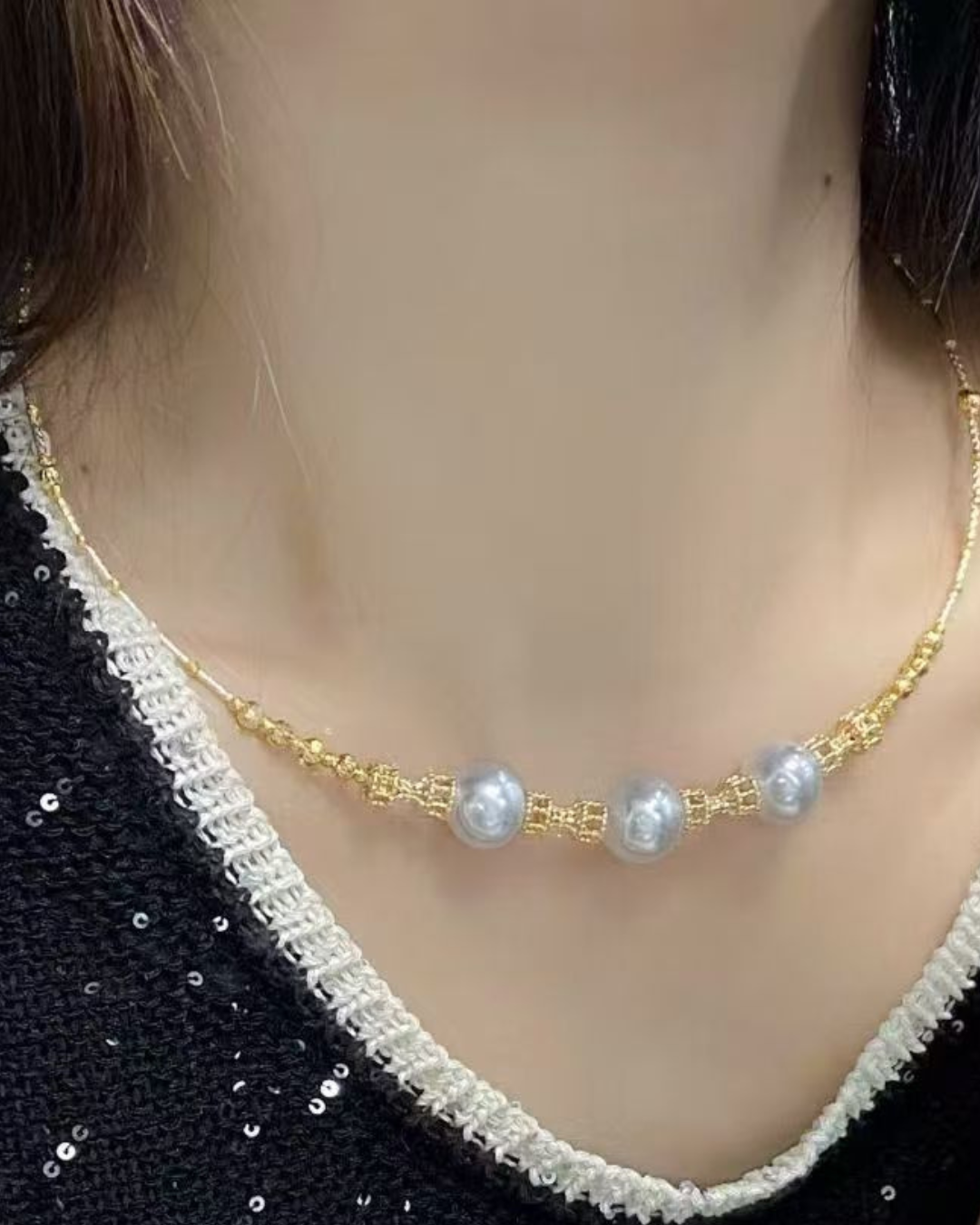 4A South Sea White Australia & Akoya Round Necklace in Silver 925 White Gold Plated - Duo Necklace - White (7-12mm)