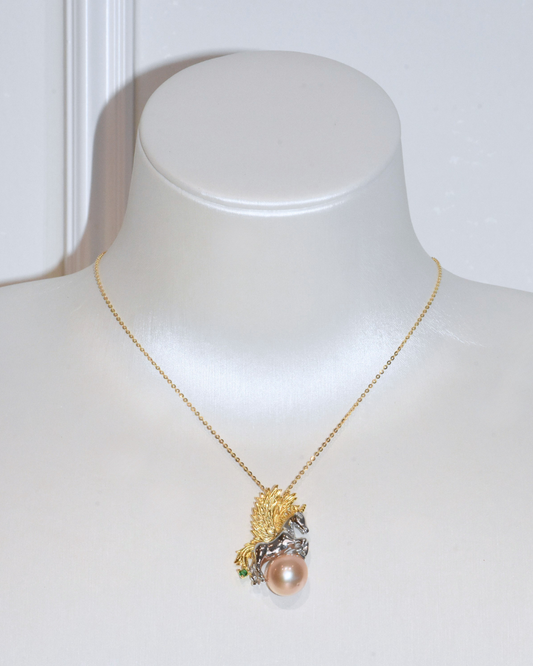 4A Freshwater Oval Necklace in Silver 925 WG Plated - White Horse Princess Wings - Brown (10.4mm)