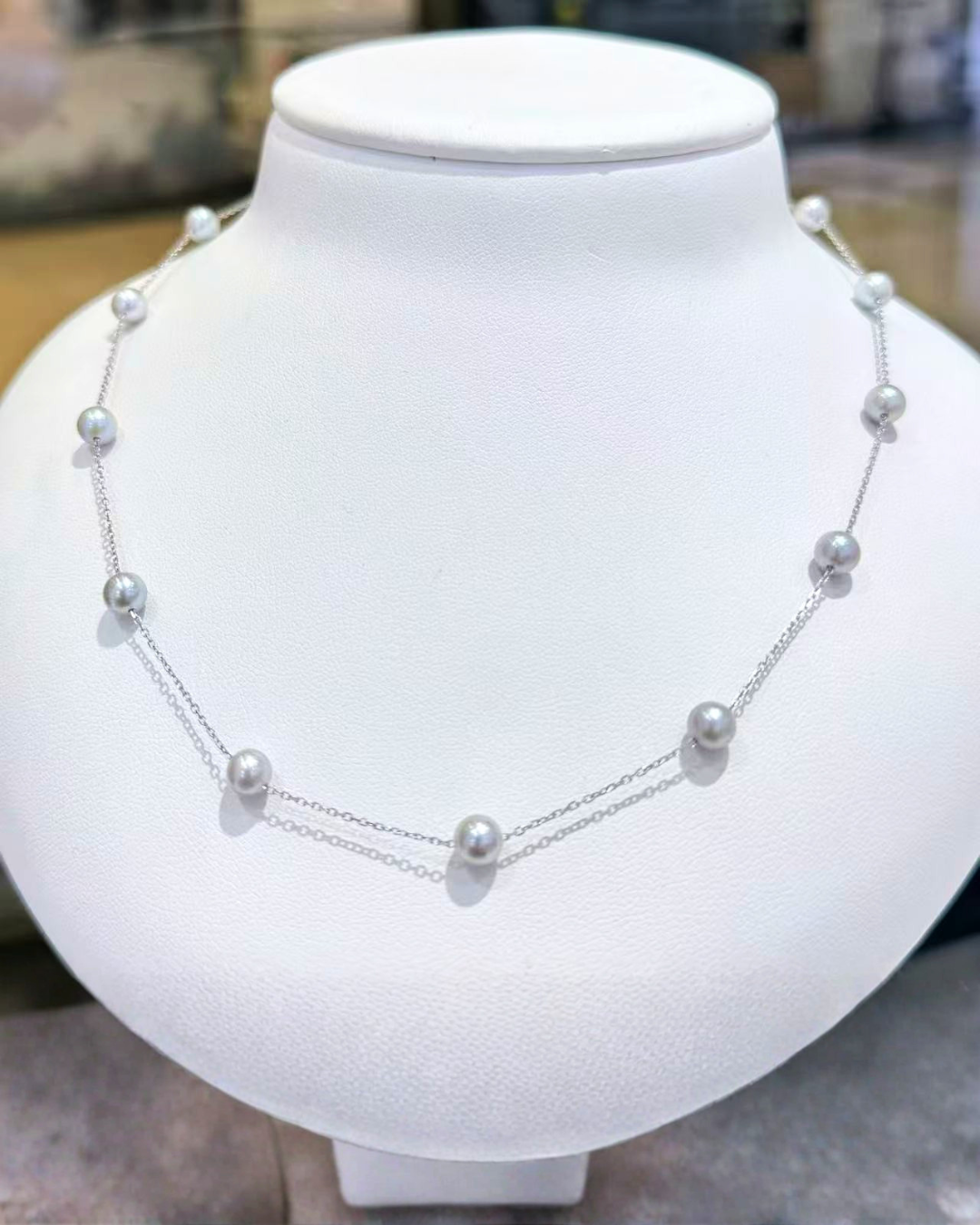5A Japanese Akoya Round Necklace in 18K White Gold - Hemp Akoya Necklace - Blue (4-5mm)