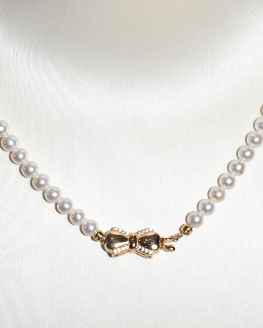 5A Freshwater Round Necklace in Silver 925 Gold Plated - CZ Ribbon  - White (5 -6mm)