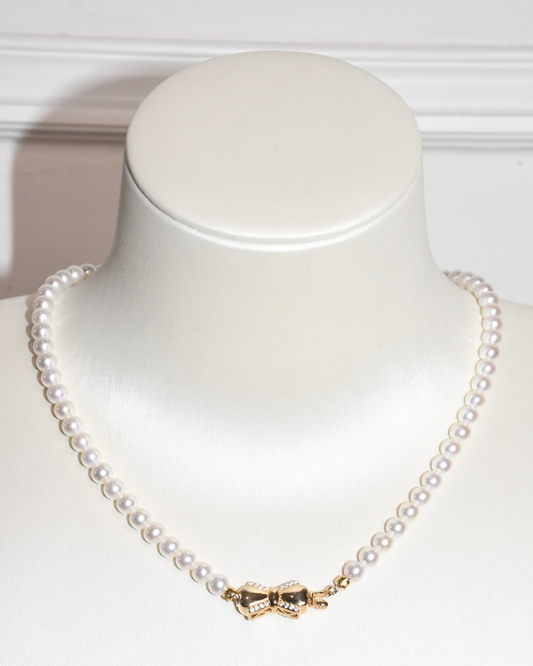 5A Freshwater Round Necklace in Silver 925 Gold Plated - CZ Ribbon  - White (5 -6mm)