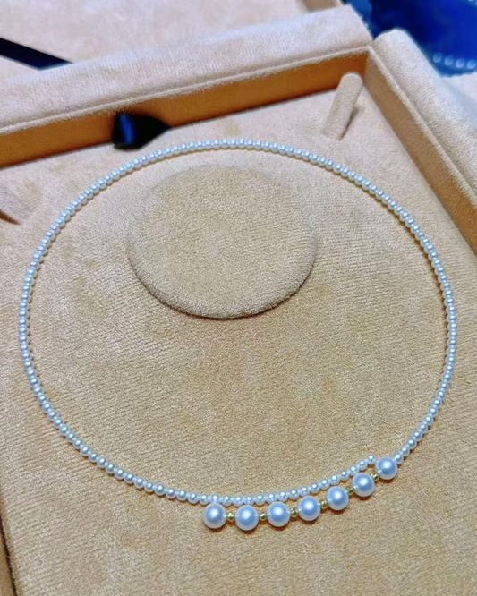 4A Freshwater Round Necklace in 18K Gold - Whisper Crown Necklace - White (3-7mm)