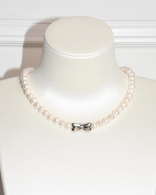 3A Freshwater Near Round Necklace in Copper - Ribbon Pendant - White (7 -8mm)
