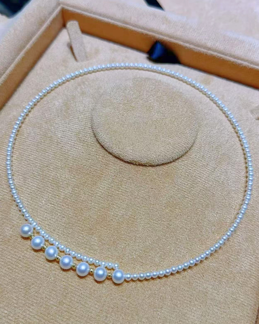 4A Freshwater Round Necklace in 18K Gold - Whisper Crown Necklace - White (3-7mm)