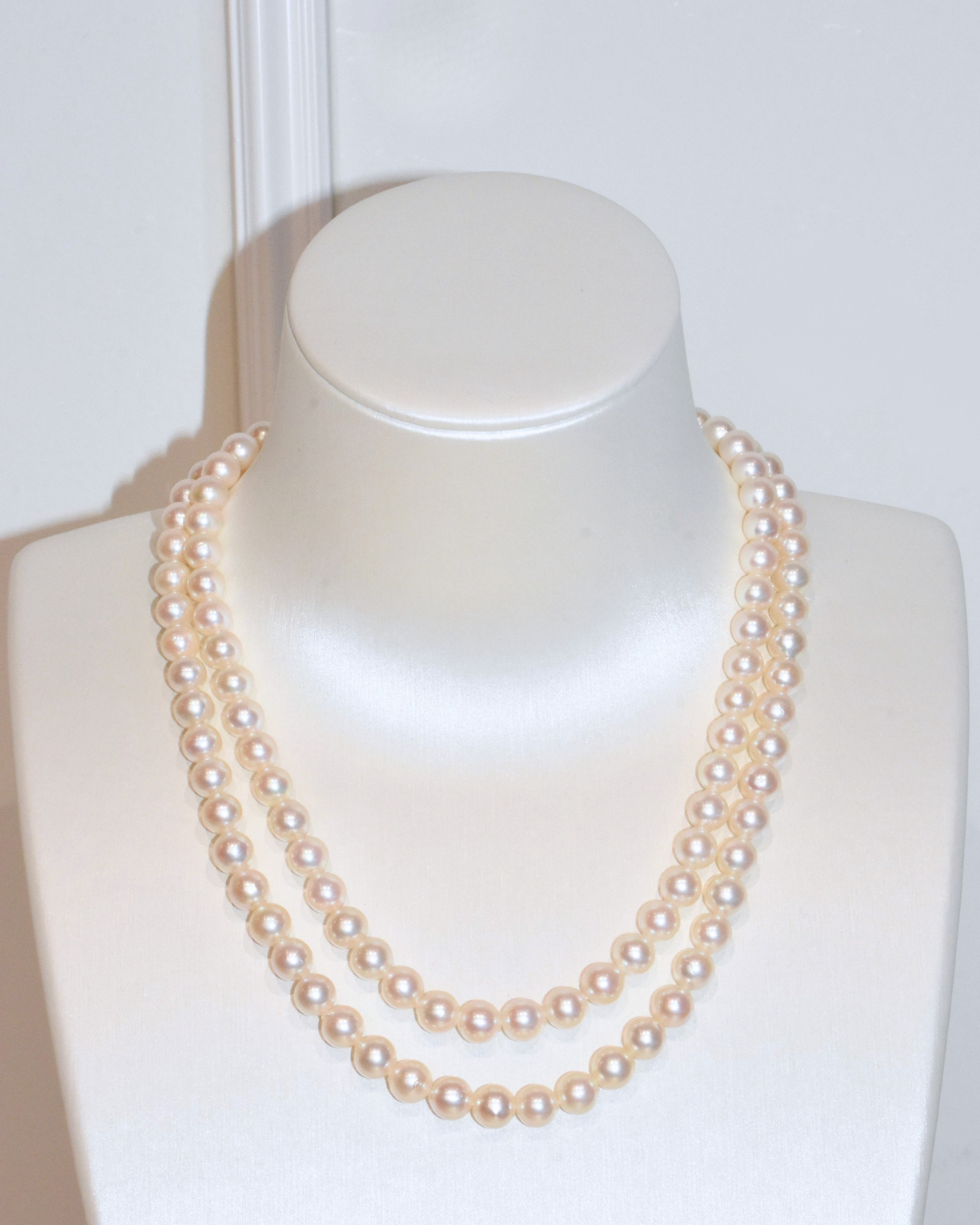 4A Akoya Near Round Necklace in Silver 925 WG Plated - Double Layered - with Ribbon Clasp - Rose Overtone (7 -8mm)