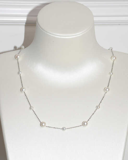 4A Freshwater Round Necklace in Silver 925 WG Plated - Graduated Mixed Pearls - White (4 -7mm)