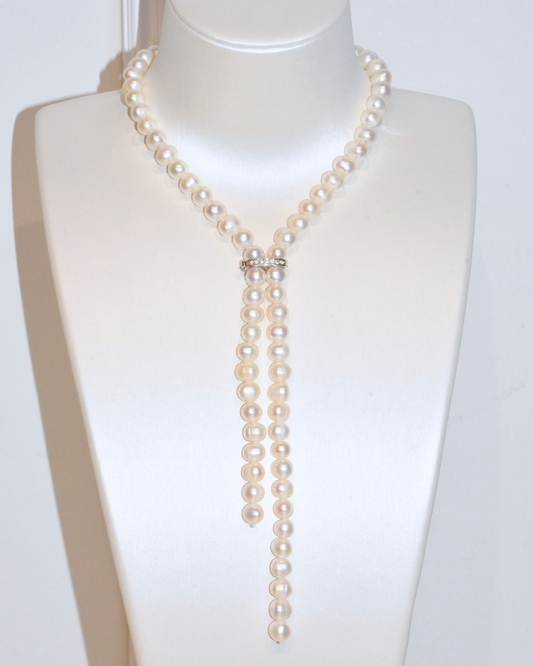 3A Freshwater Near Round Long Necklace in Silver 925 WG Plated - Classic clip clasp with CZ - White (9 -10mm)