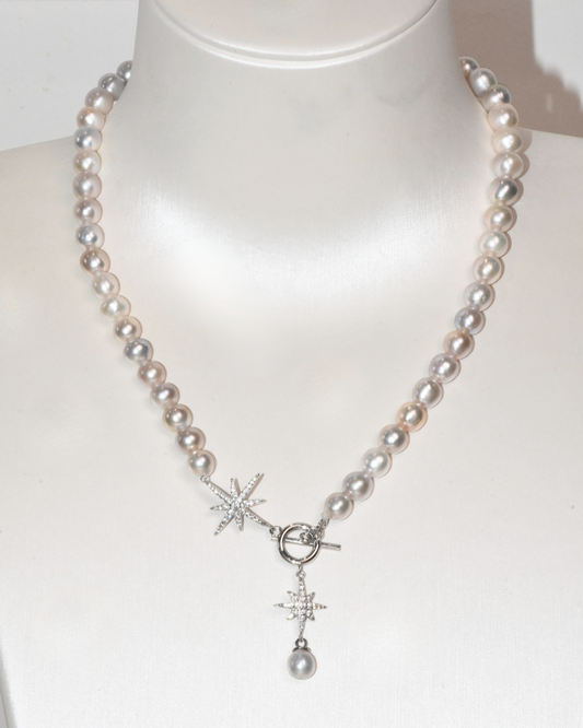 4A Freshwater Near Round Necklace in Silver 925 WG Plated - Srarburst Clasp - Silver/Grey (6 -7mm)