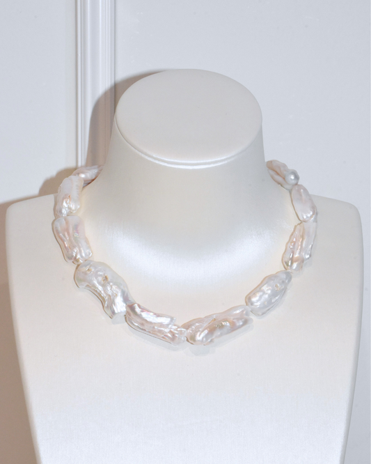 3A Freshwater Long Pipa Necklace in Copper - O Clasp with CZ - White (15 -20mm)