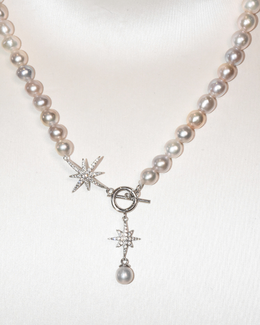 4A Freshwater Near Round Necklace in Silver 925 WG Plated - Srarburst Clasp - Silver/Grey (6 -7mm)