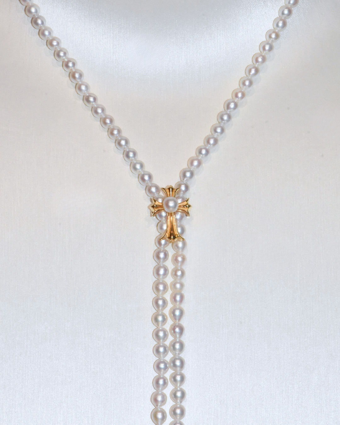 4A Freshwater Near Round Long Necklace in Silver 925 Gold Plated - Chrome Hearts Cross Clasp - White (4 -5mm)