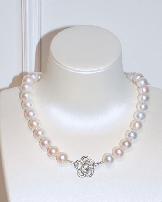 4A Freshwater Near Round Necklace in Silver 925 WG Plated - Edison - White (13 -15mm)