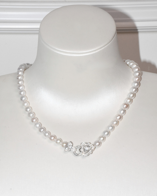 4A Freshwater Near Round Necklace in Silver 925 WG Plated - Double flower clasp  - White (7 -8mm)