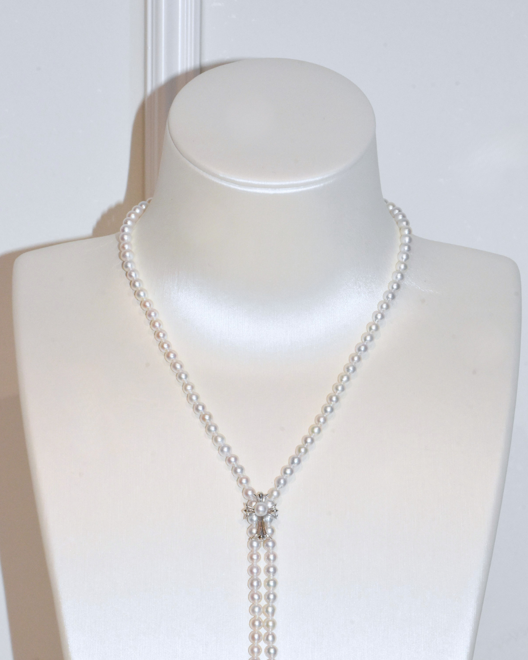 4A Freshwater Near Round Long Necklace in Silver 925 WG Plated - Chrome Hearts Cross Clasp - White (4 -5mm)