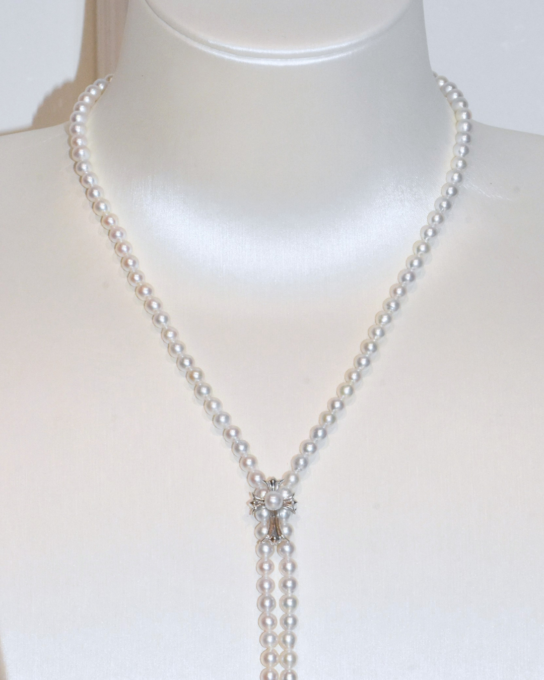 4A Freshwater Near Round Long Necklace in Silver 925 WG Plated - Chrome Hearts Cross Clasp - White (4 -5mm)