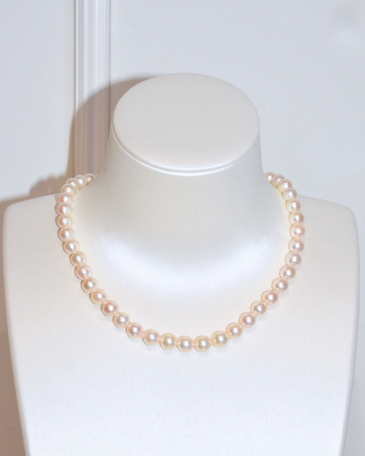 4A Akoya Near Round Necklace in Silver 925 WG Plated - Classic Elegant with CZ Clasp - Rose Overtone (7 -8mm)