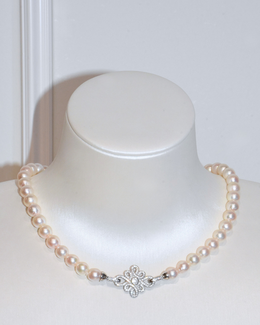 4A Akoya Near Round Necklace in Silver 925 WG Plated - Classic Elegant with CZ Clasp - Rose Overtone (7 -8mm)