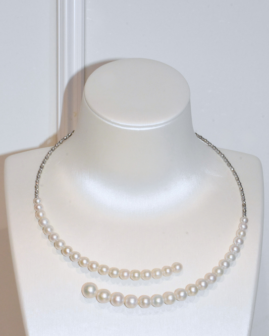 4A Freshwater Round Necklace in Silver 925 White Gold Plated - Asymmetric Lariat Pearl Necklace - White (4-9mm)