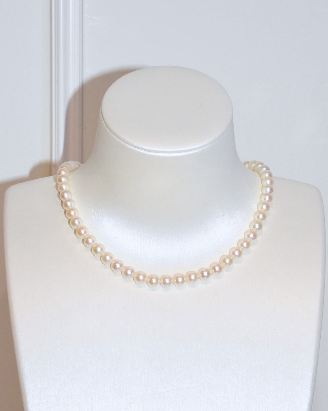 4A Akoya Round Necklace in Silver 925 WG Plated - Double flower clasp - Rose Overtone (6 -7mm)