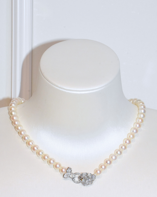 4A Akoya Round Necklace in Silver 925 WG Plated - Double flower clasp - Rose Overtone (6 -7mm)