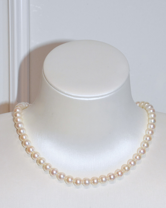 4A Akoya Round Necklace in Silver 925 WG Plated - Double flower clasp - Rose Overtone (6 -7mm)