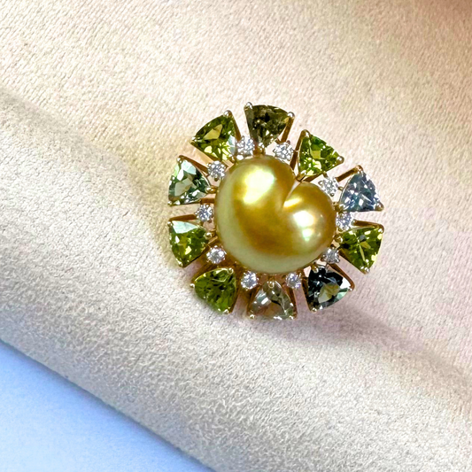 South Sea Golden Philippines Heart Ring in 18K Gold - with Natural Green Tourmaline & Diamond - Gold (12mm) 2.35ct T / D0.153ct