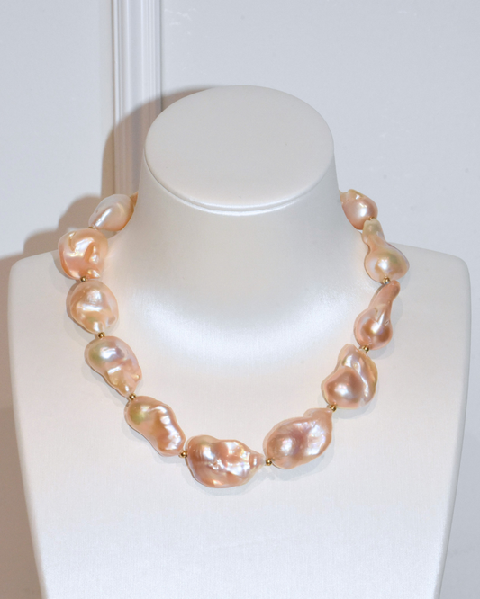 3A Freshwater Baroque Necklace in Silver 925 WG Plated - O Clasp with CZ - Rose Overtone (15 - 19mm)