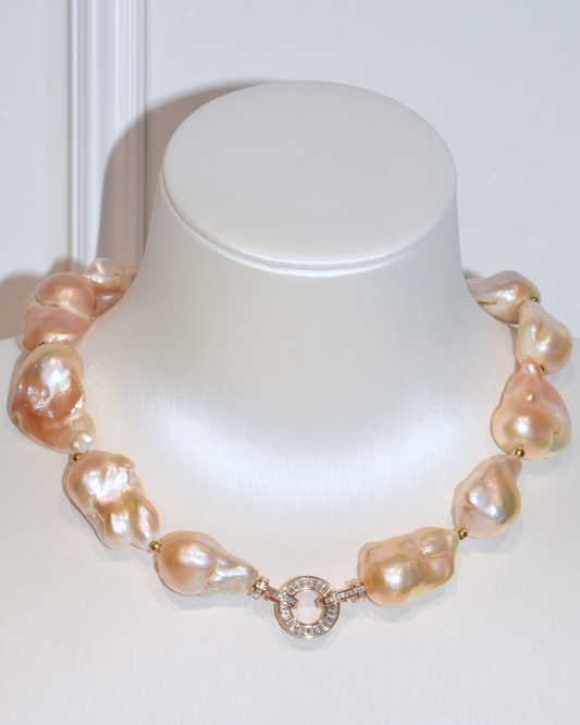 3A Freshwater Baroque Necklace in Silver 925 WG Plated - O Clasp with CZ - Rose Overtone (15 - 19mm)