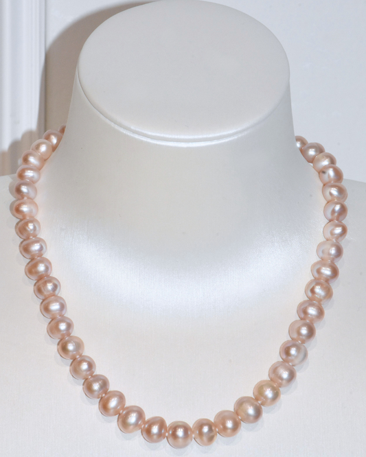 3A Freshwater Near Round Necklace in Silver Copper WG Plated - Infinity Clasp - Rose Overtone (9 -10mm)