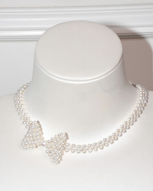 4A Freshwater Round Necklace in Silver 925 WG Plated - bowknot necklace - White (3 -6mm)