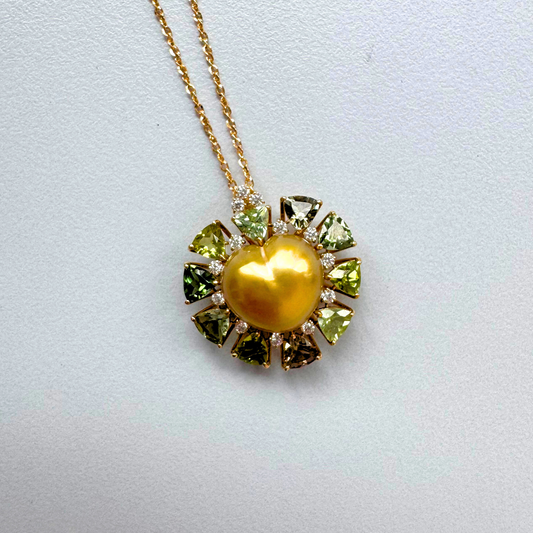 South Sea Golden Philippines Heart Necklace in 18K Gold - with Natural Green Tourmaline & Diamond - Gold (12mm) 2.63ct T / D0.198ct